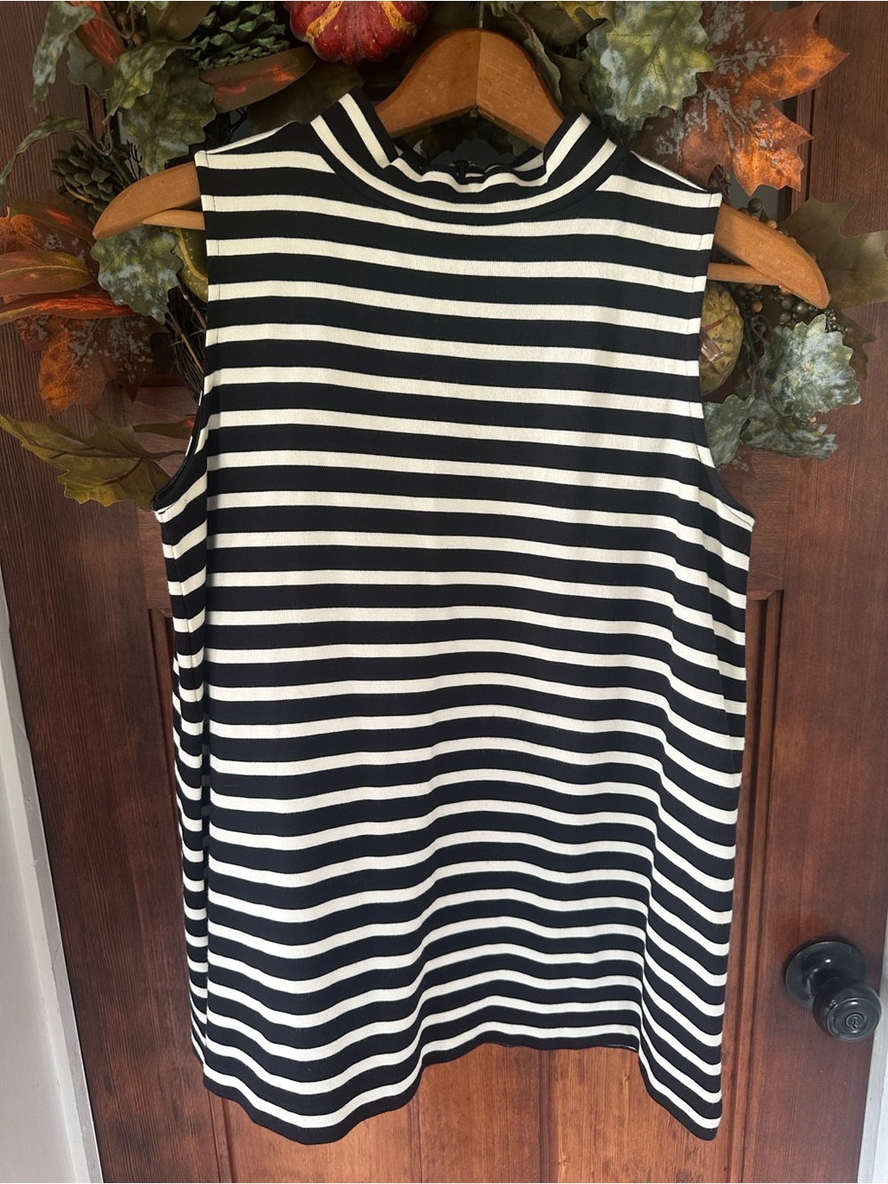 LOFT Outlet Striped Sleeveless Mockneck Top Zip Back Knit Tank Black Cream XS